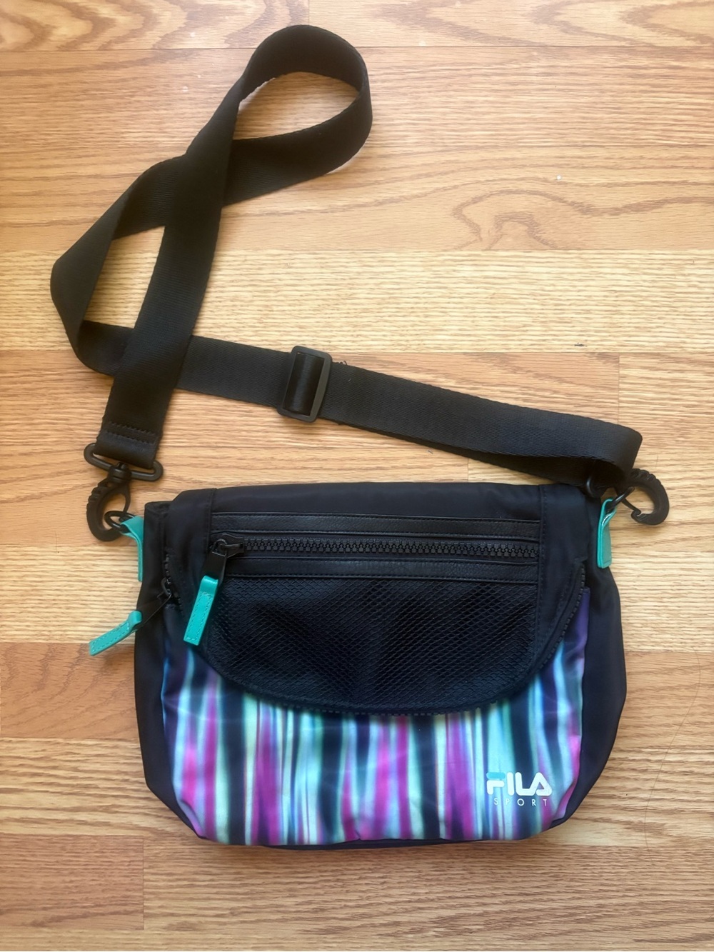 Fila Black Crossbody Bag with Teal and Purple Accent Stripes